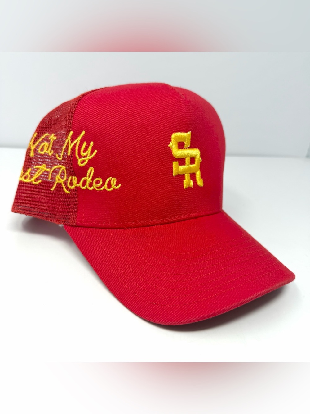 Stevenson Ranch SR Not My First Rodeo Mesh Trucker Hat Snapback Cap Red Yellow